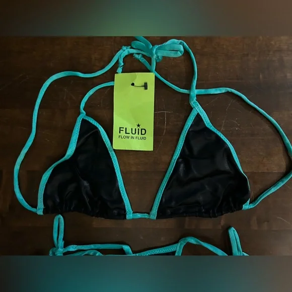 NWT Sexy Handmade Triangle Top & Tie Side Thong Shiny Black & Turquoise Bikini Bikinis